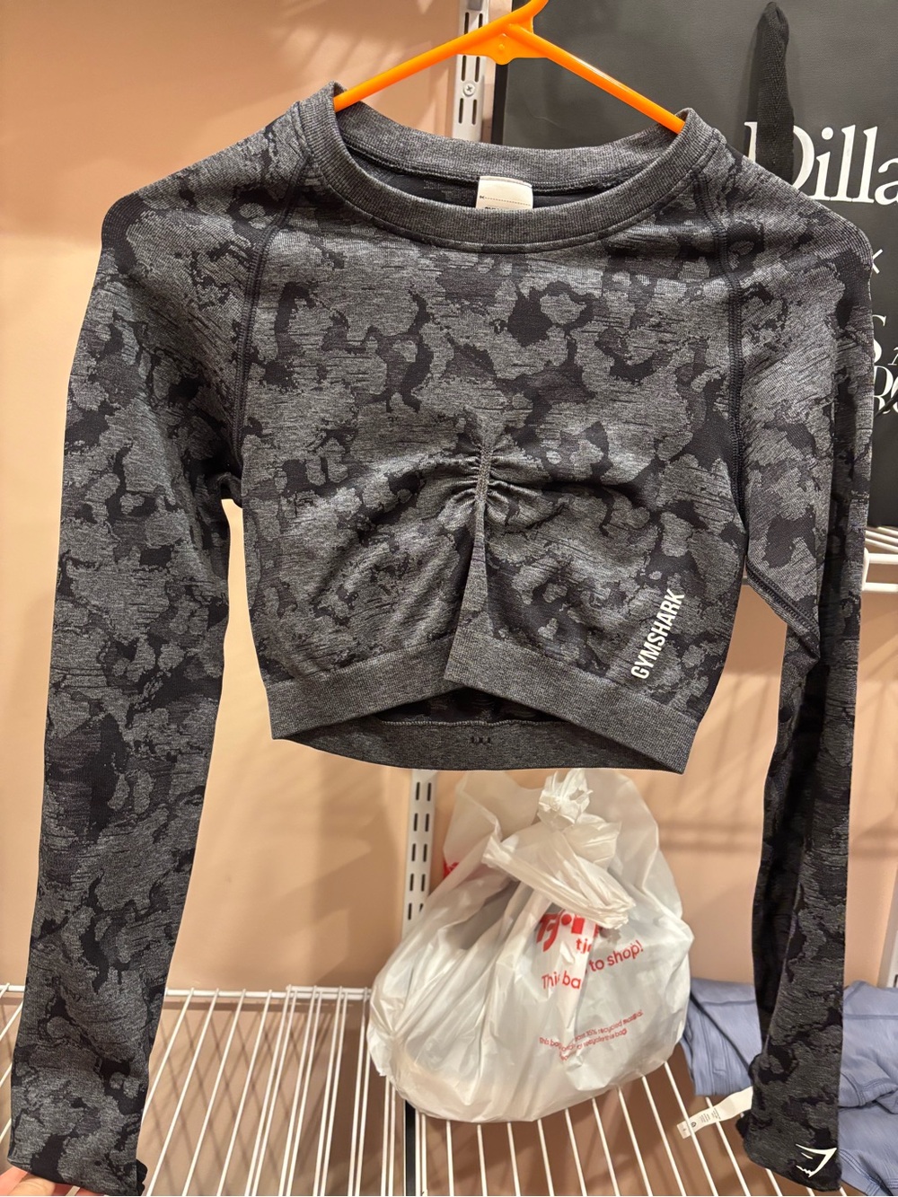 Gymshark Black & Gray Camo Seamless Ruched Long-Sleeve Crop Top